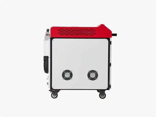 Rear view of a portable industrial laser cleaning machine with dual cooling fans, a red ventilation cover, an enclosed cabinet, and caster wheels for mobility.