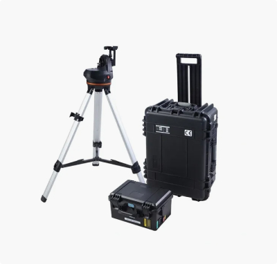 Surveying equipment set including a tripod-mounted measuring instrument, a rugged wheeled hard case, and a protective equipment case.