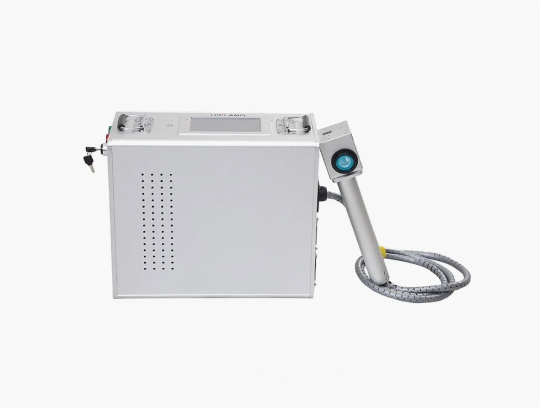 Compact handheld laser marking machine with a rectangular control unit, ventilation slots, and a connected handheld marking head with a flexible cable.