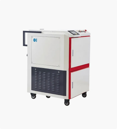 Industrial laser cleaning machine on wheels with enclosed cabinet design and control panel for precision surface cleaning.