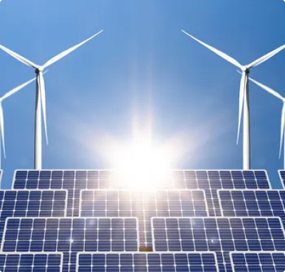 Solar panels and wind turbines generating renewable energy under a bright sky, representing clean and sustainable power generation.